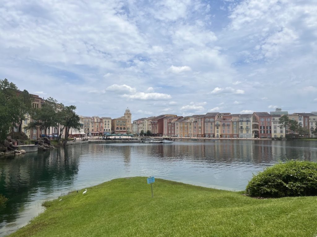 View of Portofino Bay hotel from walking path.